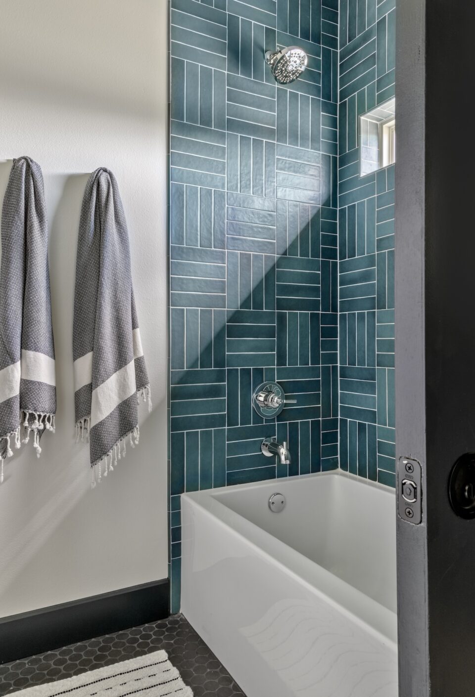Shower Detail Teal Tile White Grout