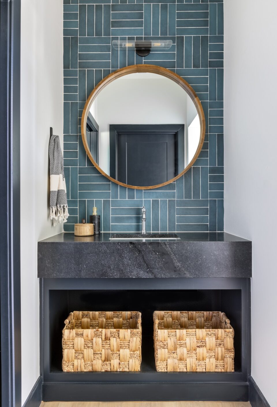 Teal Blue Tile Wall Bathroom Round Mirror
