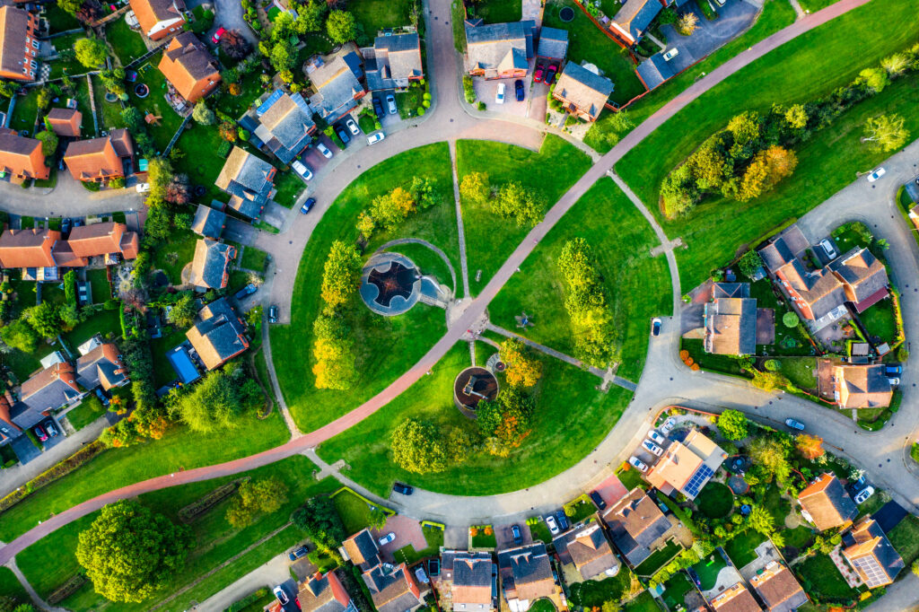 aerial view of residential community planning showing relationship between homes and shared green space