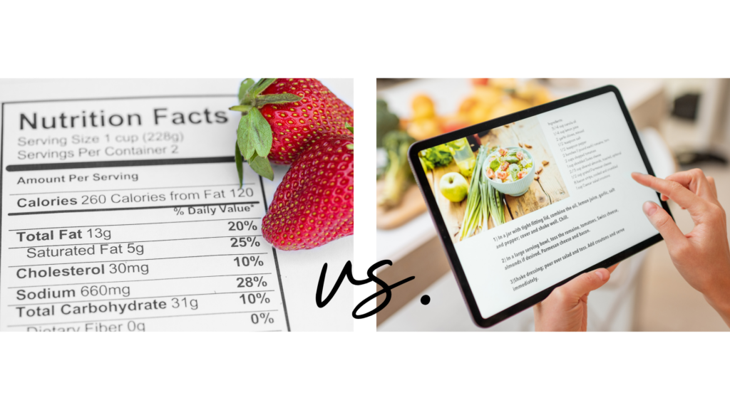 Side-by-side comparison illustrating an Owner's Project Requirements (OPR) as a Nutrition Facts label defining target metrics versus a Scope of Work (SOW) as a recipe card detailing ingredients and execution steps.